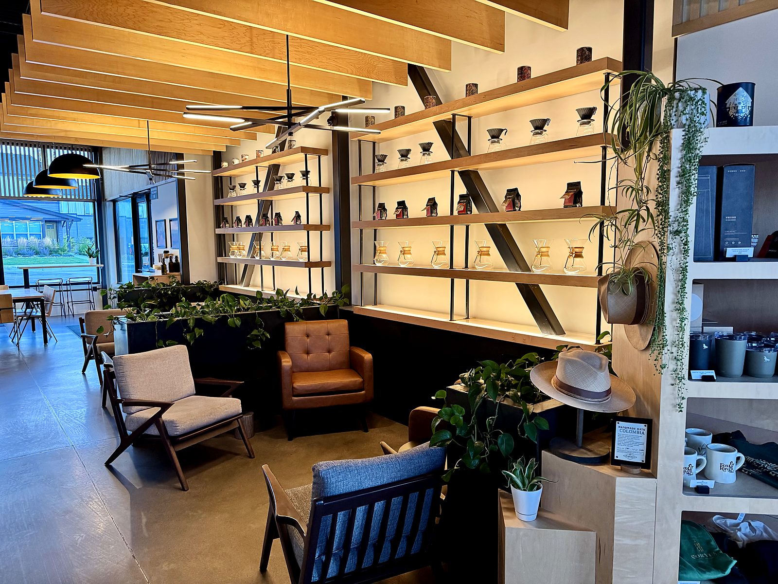 Inside Corvus Coffee — pale wood slat ceiling, lit shelves of Chemex brewers and retail coffee bags, mid-century lounge chairs and trailing plants.