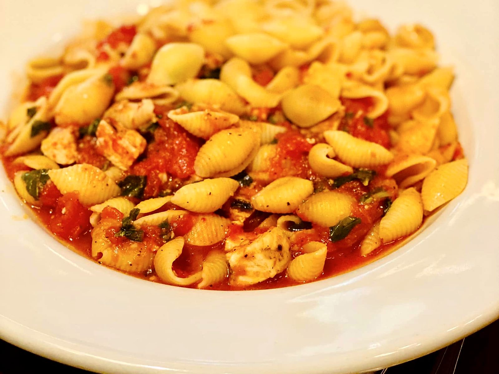 A summer pasta at Jasper's — shells with crushed tomato, basil, and chicken.