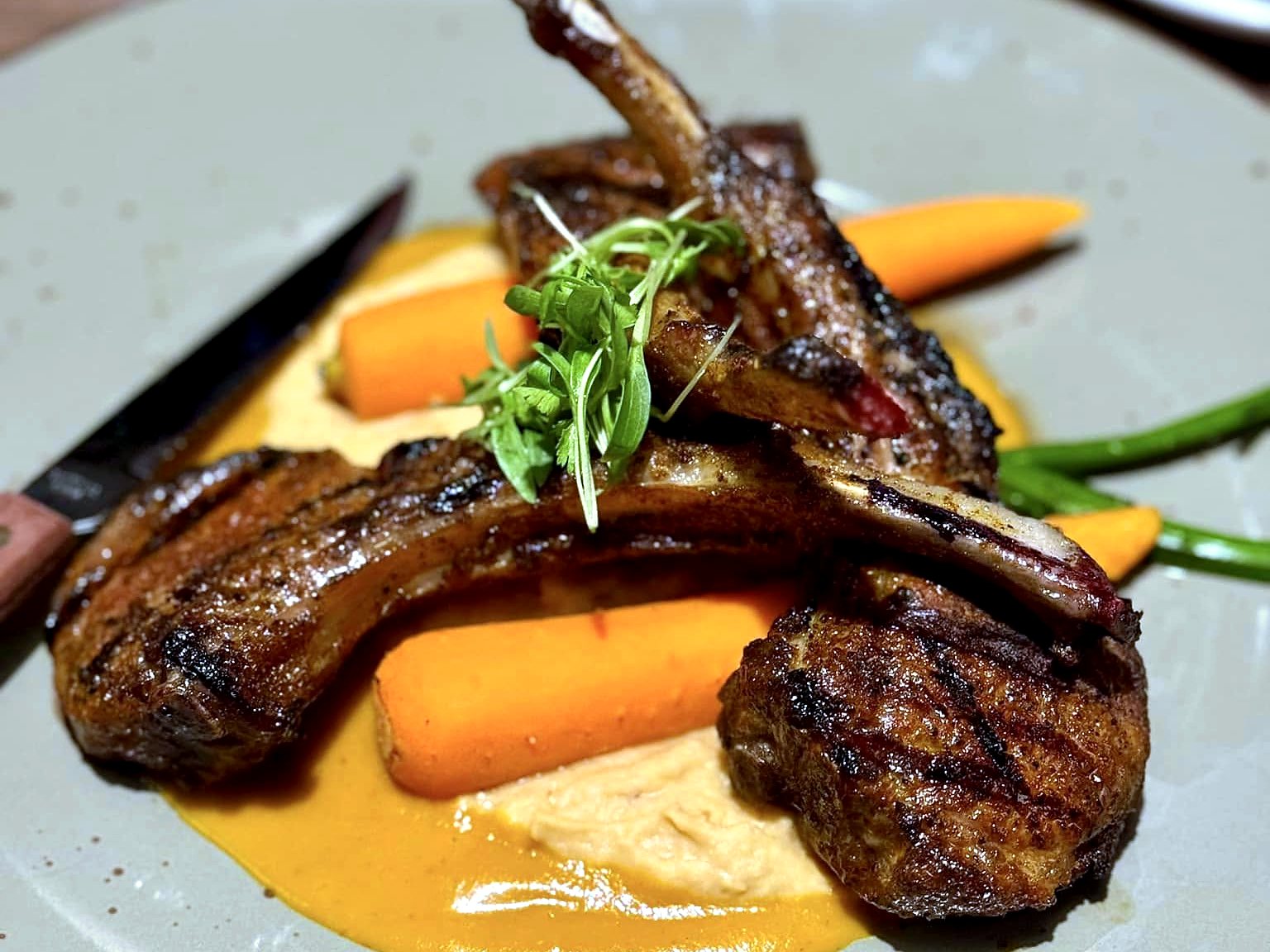 Grilled lamb chops at T’ähä over a deep orange mole with glazed carrots, bean purée, and microgreens on speckled stoneware.